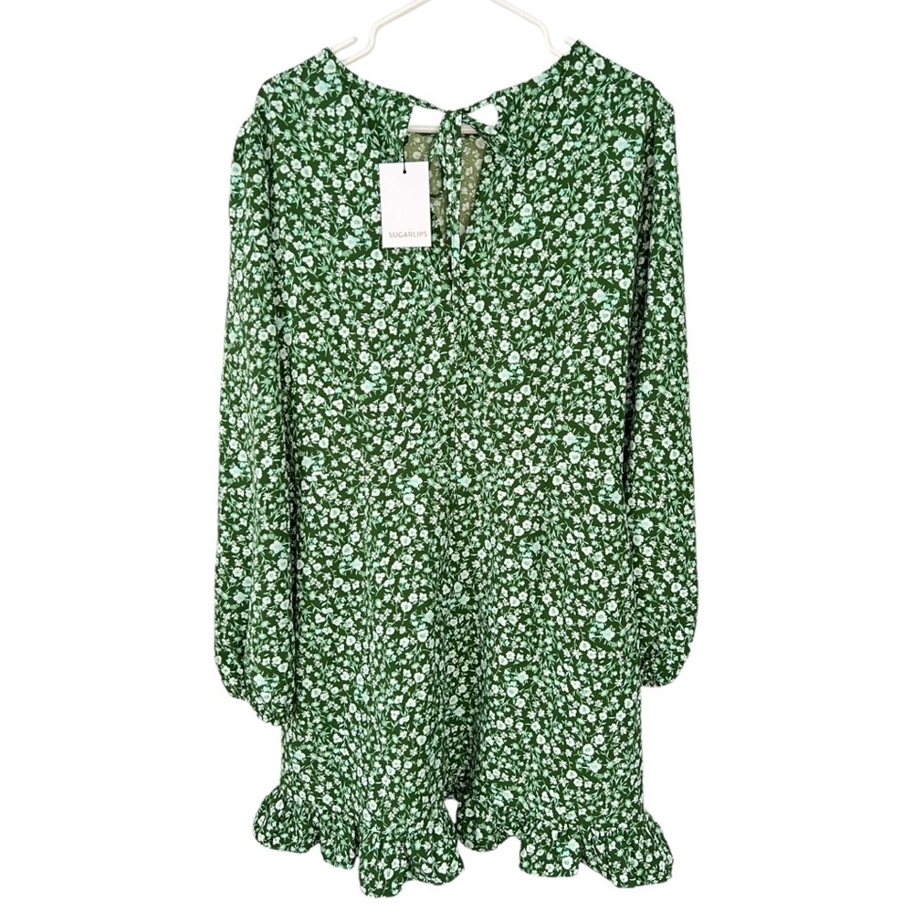 Sugarlips Adieu Floral Ruffle Flounce Mini Dress Size XL Green and White - Picture 4 of 7